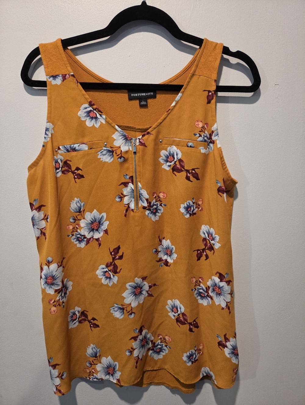 Fortune + Ivy Mustard Floral Zip-Front Sleeveless Top Sz L